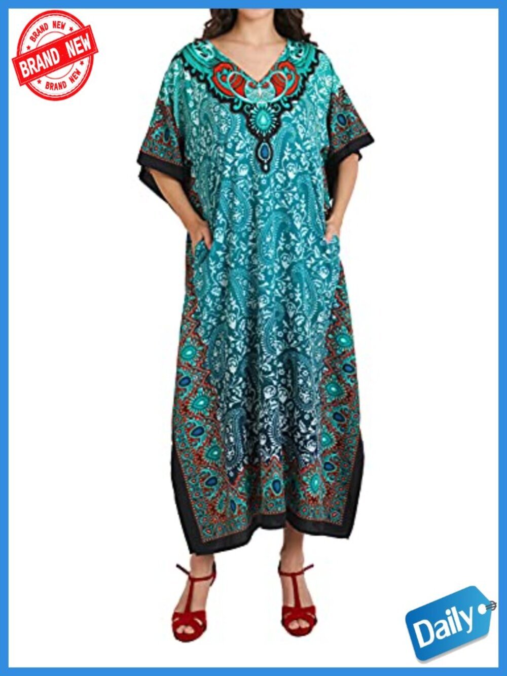 Lightweight Flowy Maxi Kaftan Dress V-Neck Long Sleeve Swim Coverup